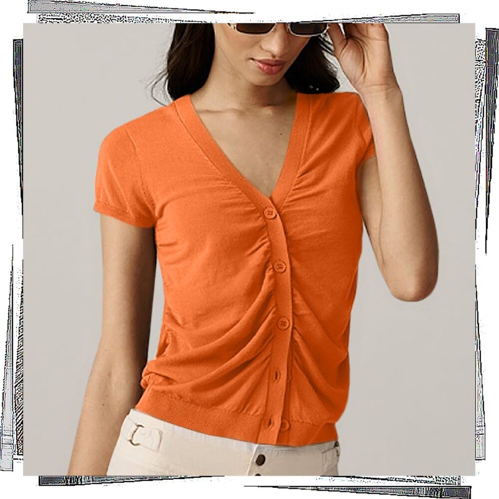 Red / Tomato Color Ruched V-Neck Cadigan Sweater (XS)